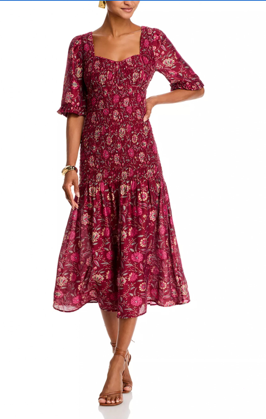Sea New York 2 Smocked Sweetheart Midi Dress Famke $445 Floral Cottagecore Red
